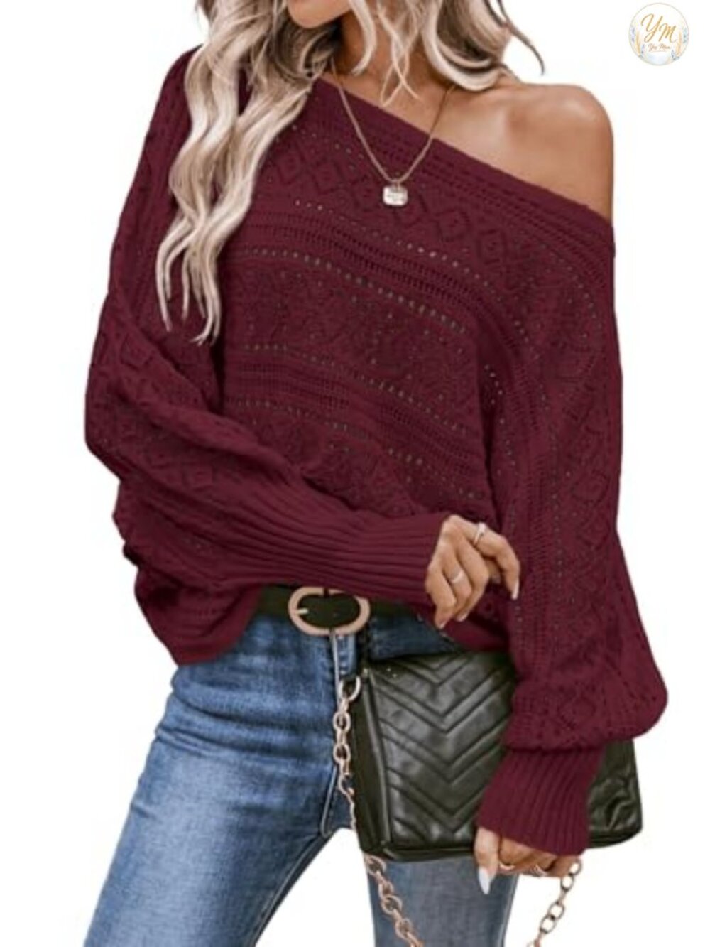 Off Shoulder Crochet Sweater Dolman Sleeve Oversized Knit Long Sleeve
